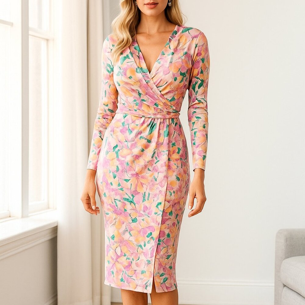 Tropical Palm Tree Long Sleeve Twist Accent Waist Wrap Resort Y2K Dress Women M